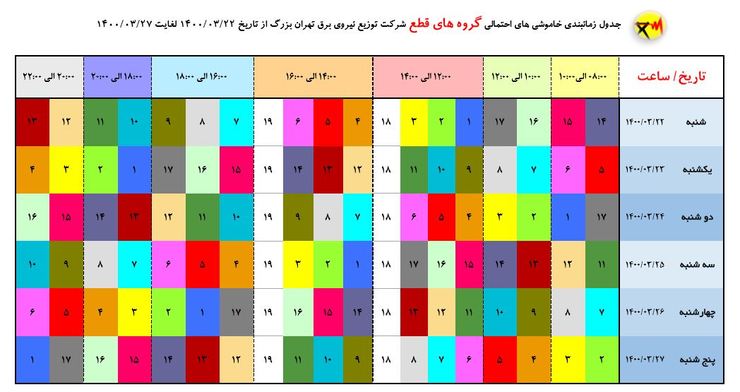 جدول قطع برق در تهران + دانلود (شنبه ۲۲ خرداد ۱۴۰۰)