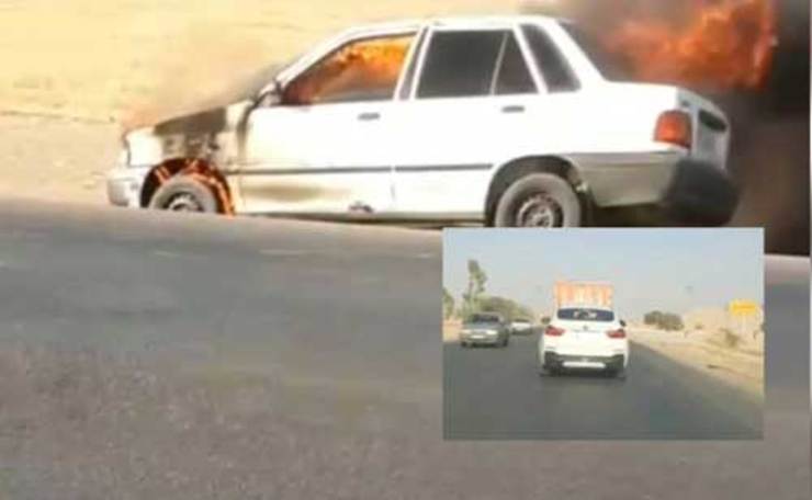 آتش‌سوزی پراید در جاده شوشتر و رفتار سخاوتمندانه راننده BMW + عکس