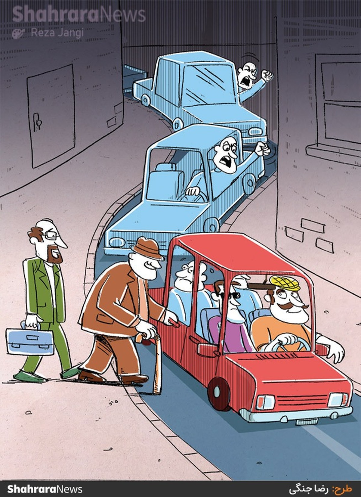 کارتون | توقف مسافربر‌های شخصی منجر به ایجاد ترافیک در خیابان‌ها می‌شود
